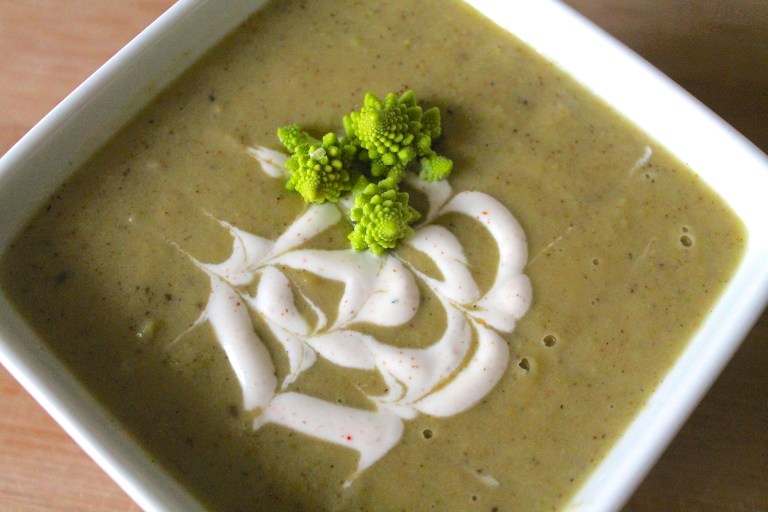 Roasted Romanesco Soup with Cayenne Creme Fraiche