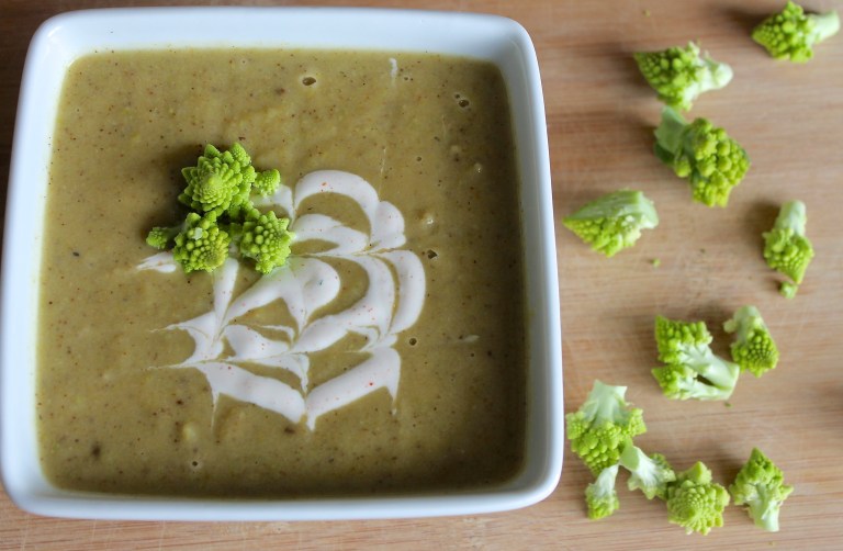 Roasted Romanesco Soup with Cayenne Creme Fraiche